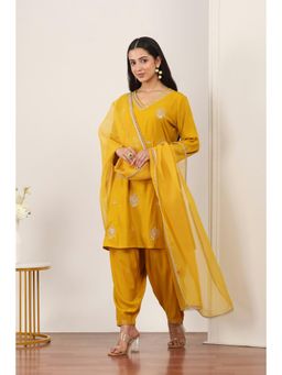 Rangriti - Women's Yellow Embroidered Viscose Blend Kurta with Salwar & Dupatta