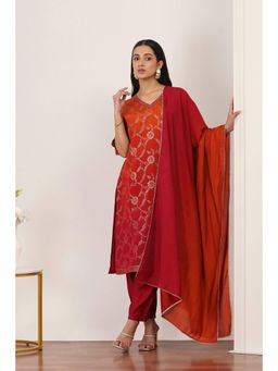 Rangriti - Women's Red Floral Viscose Blend Kurta with Pant & Dupatta