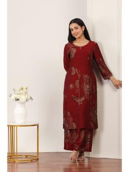 Rangriti - Women's Maroon Floral Viscose Blend Co-Ord Set