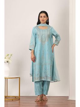 Rangriti - Women's Blue Printed Viscose Blend Kurta with Pant & Dupatta