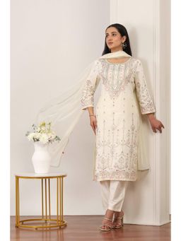 Rangriti - Women's White Printed Viscose Blend Kurta with Pant & Dupatta