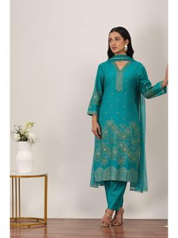 Rangriti - Women's Green Floral Viscose Blend Kurta with Pant & Dupatta