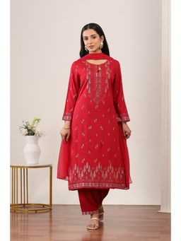 Rangriti - Women's Red Printed Rayon Kurta with Pant & Dupatta