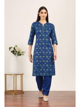 Rangriti - Women's Blue Printed Rayon Kurta with Pant