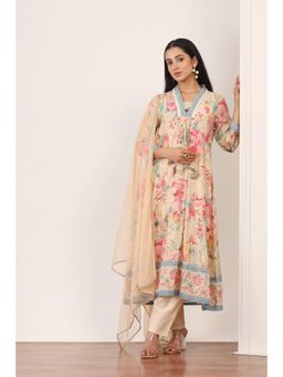 Rangriti - Women's Cream Floral Viscose Blend Kurta with Pant & Dupatta