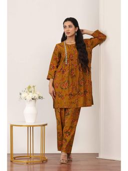 Rangriti - Women's Mustard Floral Viscose Blend Co-Ord Set