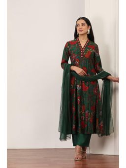 Rangriti - Women's Green Floral Viscose Blend Kurta with Pant & Dupatta