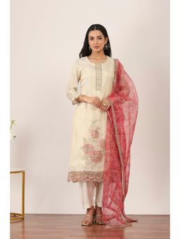 Rangriti - Women's Off White Floral Viscose Kurta with Pant & Dupatta