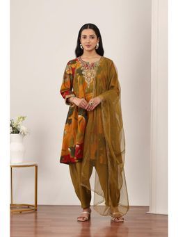 Rangriti - Women's Mustard Printed Viscose Blend Kurta with Salwar & Dupatta