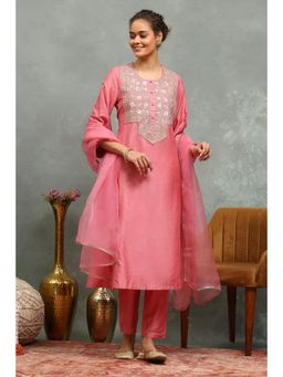 Rangriti - Women's Pink Floral Viscose Blend Kurta with Pant & Dupatta