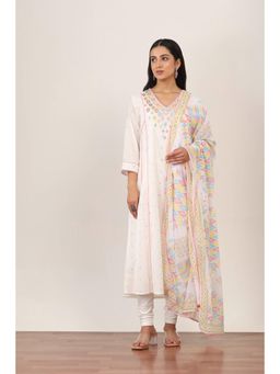 Rangriti - Women's White Embroidered Cotton Kurta with Leggings & Dupatta