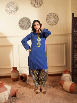 Indisangam - Women's Blue Embroidered Cotton Kurta with Salwar