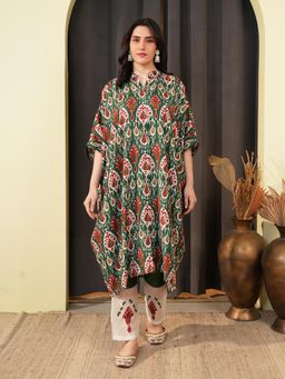 Indisangam - Women's Green Printed Muslin Kaftan Kurta with Pant