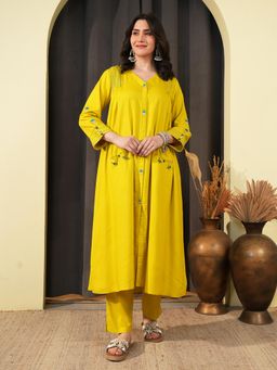 Indisangam - Women's Yellow Embroidered Rayon Kurta with Pant