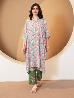 Indisangam - Women's Green Floral Modal Kurta with Pant