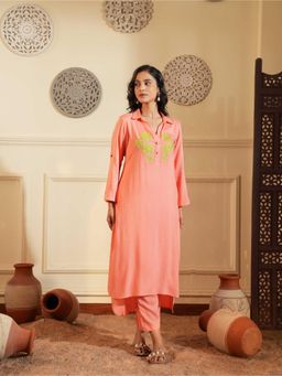 Indisangam - Women's Peach Embroidered Rayon Co-Ord Set