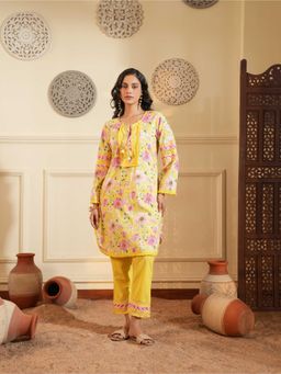 Indisangam - Women's Yellow Floral Cotton Kurta with Pant