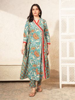 Indisangam - Women's Green Floral Cotton Angrakha Kurta with Pant