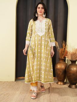 Indisangam - Women's Yellow Floral Cotton Kurta with Pant