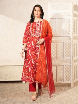 Indisangam - Women's Red Floral Cotton Kurta with Pant & Dupatta