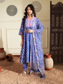 Indisangam - Women's Blue Floral Cotton Kurta with Pant & Dupatta
