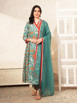 Indisangam - Women's Green Floral Cotton Angrakha Kurta with Pant & Dupatta