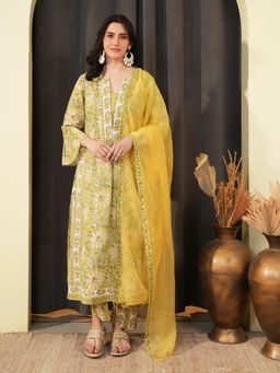 Indisangam - Women's Green Floral Cotton Kurta with Pant & Dupatta