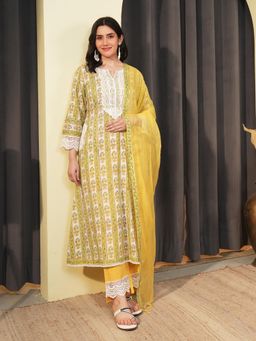 Indisangam - Women's Yellow Floral Cotton Kurta with Pant & Dupatta