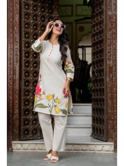 JAIPUR SARAI - Women's Off White Floral Cotton Kurta with Pant