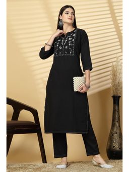 PISTAA - Women's Black Embroidered Cotton Kurta with Pant
