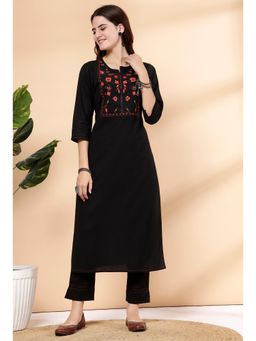 PISTAA - Women's Black Embroidered Cotton Kurta with Pant