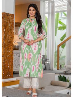PISTAA - Women's Green Printed Cotton Kurta with Pant
