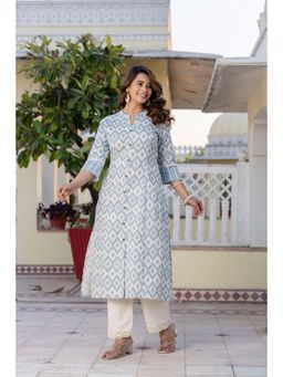 PISTAA - Women's Blue Printed Cotton Kurta with Pant