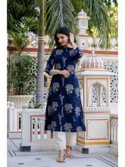 PISTAA - Women's Navy Blue Floral Cotton Kurta with Pant