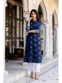 PISTAA - Women's Navy Blue Printed Cotton Kurta with Pant
