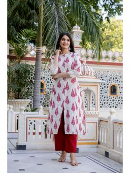 PISTAA - Women's Maroon Printed Cotton Kurta with Pant