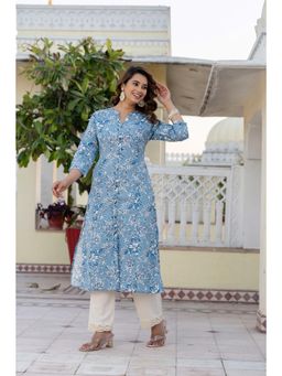 PISTAA - Women's Blue Printed Cotton Kurta with Pant