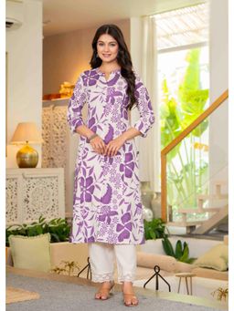 PISTAA - Women's Purple Floral Cotton Kurta with Pant