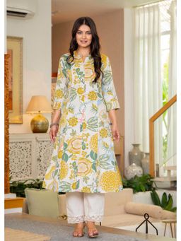 PISTAA - Women's Yellow Floral Cotton Kurta with Pant