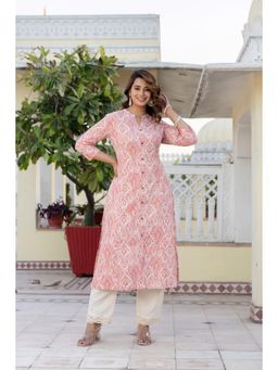 PISTAA - Women's Peach Printed Cotton Kurta with Pant