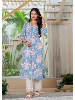 PISTAA - Women's Blue Printed Cotton Kurta with Pant