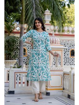 PISTAA - Women's Green Printed Cotton Kurta with Pant