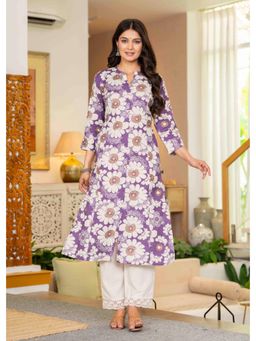 PISTAA - Women's Purple Floral Cotton Kurta with Pant