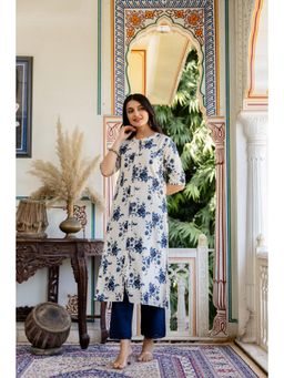 PISTAA - Women's Navy Blue Floral Cotton Kurta with Pant
