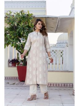 PISTAA - Women's Taupe Printed Cotton Kurta with Pant