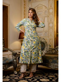 PISTAA - Women's Green Floral Cotton Kurta with Pant