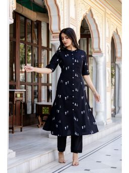 PISTAA - Women's Black Printed Cotton Kurta with Pant