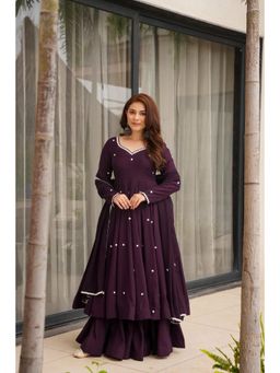 Wedani - Women's Purple Embroidered Cotton Anarkali Kurta with Palazzo & Dupatta