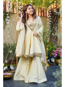 Wedani - Women's Off White Embroidered Georgette Anarkali Kurta with Sharara & Dupatta