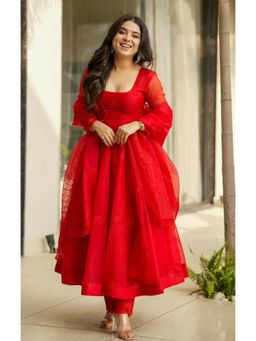 Wedani - Women's Red Embroidered Silk Anarkali Kurta with Pant & Dupatta